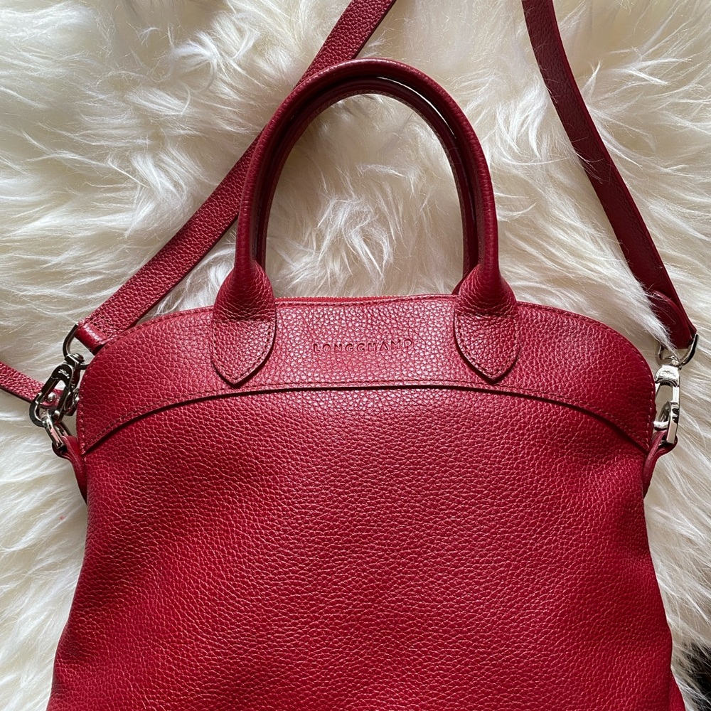 Longchamp Cross-Body Red Pebbled Leather Satchel with Detachable Strap